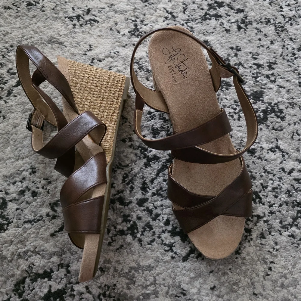 Life Stride Soft System Flex Wedge Heels Strapy Womwns 10 Brown Tan Boho Preppy